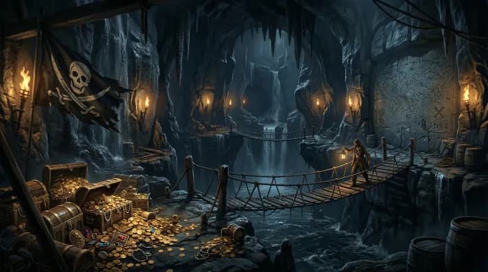 En dramatisk fackelbelyst piratgrotta med överfulla skattkistor, urgamla repbroar och stigande flodvatten som reflekterar gyllene ljus mot djupt marinblå stenväggar