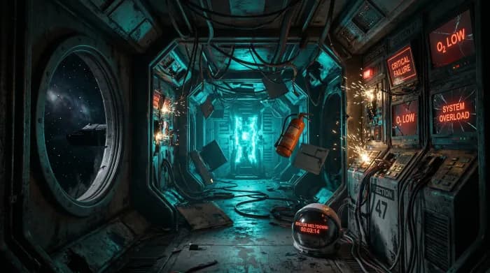 En havererad rymdstationskorridor nedsänkt i mörker, upplyst av kusliga cyanfärgade pulser från en rebellisk AI-terminal, med svävande skräp, gnistande paneler och djupa rymden synlig genom en ventil