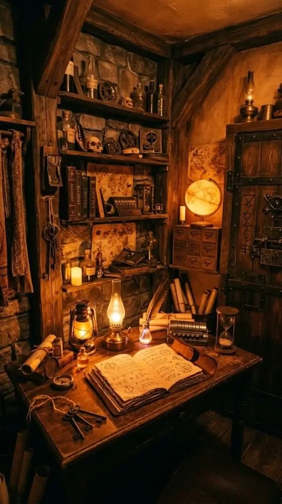 Stämningsfullt escape room med mystiska föremål och varmt ljus